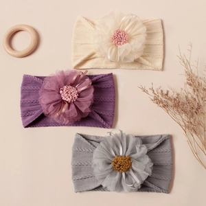 Three-piece infant headband set with elastic nylon rib knit and large mesh flower bows
