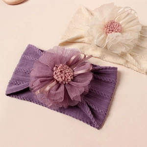 Purple and beige elastic cable knit baby headbands with delicate mesh lace flowers