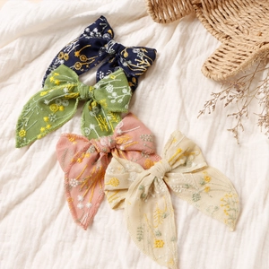 Embroidered Floral Bow Hair Clip For Kids Girls Mesh Fabric Large Ribbon Hairpin Duckbill Clip Sweet Pastoral Style Jewelry
