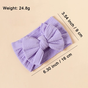 Detail showing lavender knit baby headband dimensions 16cm x 9cm and 24.8g weight