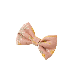Barrette à nœud rose brodé de fleurs en lin de coton pour filles et femmes