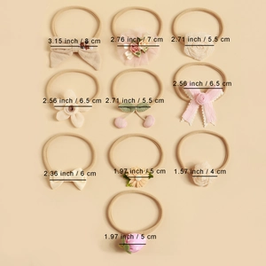 Détails de 10 bandeaux bébé en nylon avec nœuds floraux et mesures de dimensions