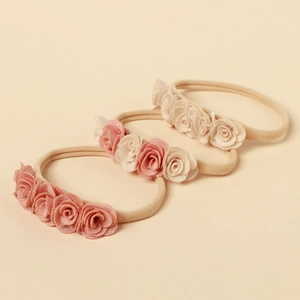 Lot de 3 bandeaux élastiques en nylon pour bébés avec roses en tissu rose et crème