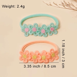 Soft nylon baby headband set with two 3.35-inch embroidered lace floral hair accessories
