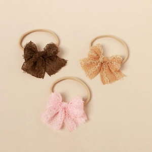 Three-piece set of vintage lace bow baby headbands in coffee, apricot and light pink