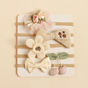 Lot de 5 bandeaux faits main avec fleurs et nœuds en dentelle pour bébé rose et beige