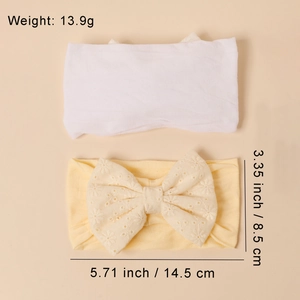 Soft nylon baby headbands set featuring a solid white band and a yellow floral bow band