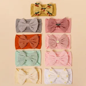 Soft Nylon Baby Bow Headband Elastic Hairband Eyelet Embroidery Cherry Daisy Pattern Infant Newborn Girls Headwear