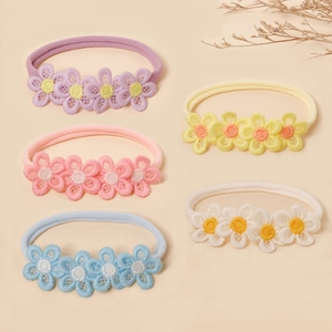 Five-pack baby floral headbands with soft nylon straps and colorful lace flowers