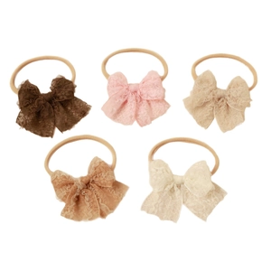 5-pack baby elastic headbands featuring vintage lace bows in earth and sweet tones