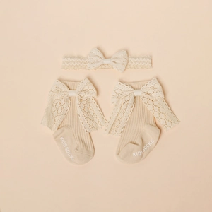 Säugling Baby Mädchen Baumwolle Spitze Schleife Stirnband Und Socken Set Vintage Gerippte Anti-Rutsch-Socken Haarschmuck