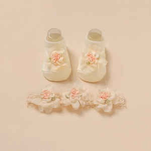 Chaussettes en Coton à Fleurs pour Bébés Filles et Bandeau en Dentelle Accessoires de Cheveux pour Fête