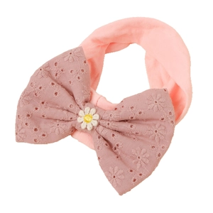 Pink nylon baby headband with embroidered bow and daisy floral detail on white background