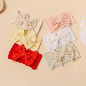 Fascia per Capelli in Nylon Morbido Elastico per Neonati Con Grande Fiocco in Pizzo Ricamato Fiore per Bambini Accessori