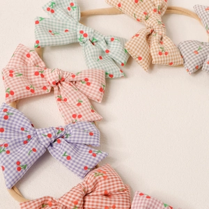 Lot de bandeaux bébé en nylon avec nœud à carreaux et imprimé cerise multicolore