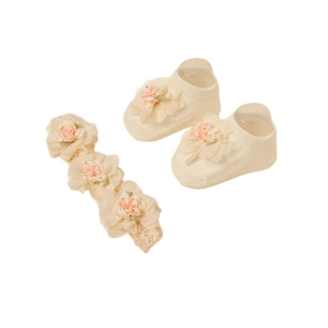 Ensemble de chaussettes et bandeau en dentelle pour bébé avec fleurs en tissu rose