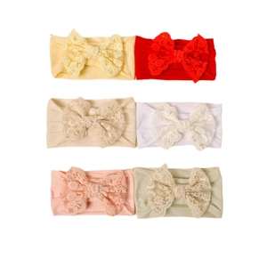 Set da 6 fasce elastiche in nylon per neonata con fiocco in pizzo ricamato