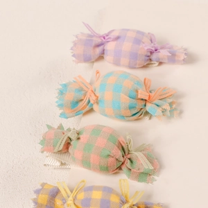 Candy-shaped fabric hair clips set for babies with checkered patterns and ribbons