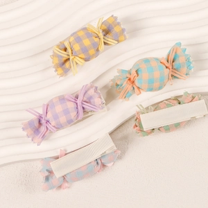 5-piece set of checkered candy-shaped baby hair clips with ribbon bows and fabric covers