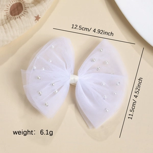 Barrette à cheveux nœud en tulle blanc avec perles pour filles, 12,5 cm x 11,5 cm