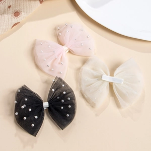 Barrettes à cheveux nœud en tulle rose, blanc et noir avec perles pour enfants