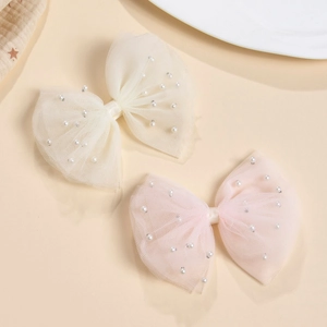 Détails de barrettes à nœud en tulle avec perles et paillettes argentées pour fille