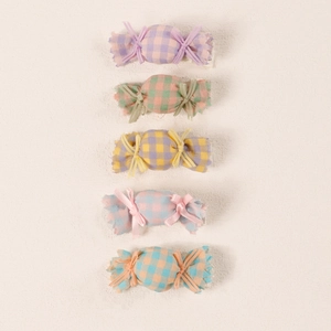 5-piece baby candy-shaped hair clips in colorful checkered fabric with ribbon bows