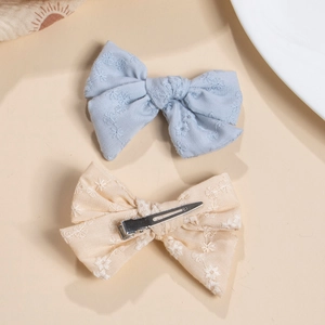 Handmade floral embroidery cotton bow hair clips with metal duckbill clip for girls