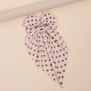 French vintage strawberry print fabric bow hair clip with silver metal duckbill clip