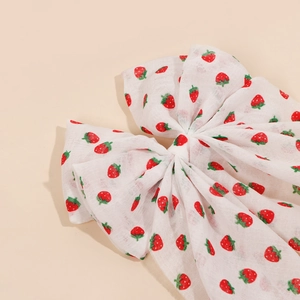 Vintage floral strawberry print hair bow clip in white semi-transparent chiffon for girls