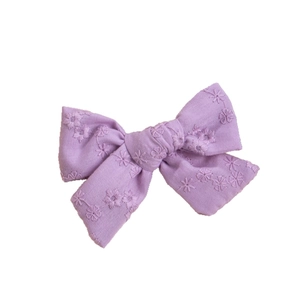 Handmade embroidered cotton bow hair clip in light purple for girls hair accessories