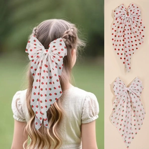 French Style Girl Bow Hair Clip Strawberry Print Chiffon Long Ribbon Duckbill Clip For Kids Princess Hair Accessories