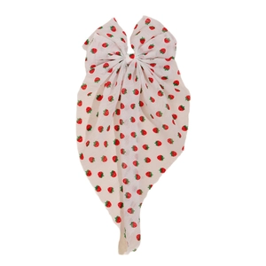 French vintage cream floral bow hair clip with strawberry pattern and long ribbon streamers