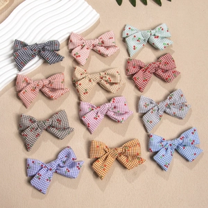 Handmade Gingham Cherry Bow Hair Clips For Girls Gingham Pattern Cloth Hairpin Accessory For Kids Cute Bowknot Headwear