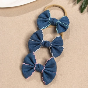3-pack of baby bow headbands in vintage blue denim with colorful embroidered scalloped edges