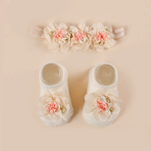 Infant jacquard nylon headband and soft socks set with handmade floral decorations
