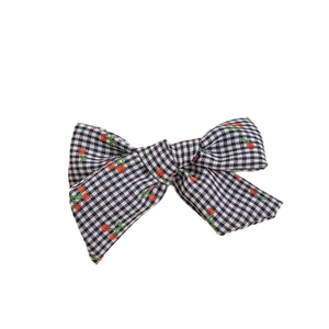 Kids fabric plaid bow hair clip with cherry pattern on white background