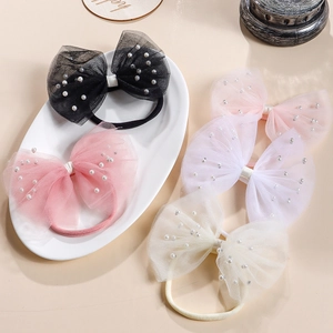 Fascia elastica neonata con fiocco in tulle e perle in nero rosa bianco e beige