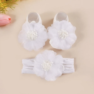 Infant white jacquard headband and soft sock set with large chiffon 3D flowers