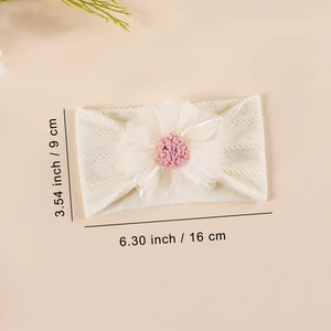 Detail showing baby headband dimensions 16x9cm with floral knit and mesh bow detail