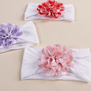 Three-piece baby nylon headbands with large gingham plaid bows in red, purple, and pink