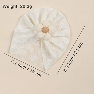 Lace baby turban hat with corduroy flower detail, white headwear for newborns