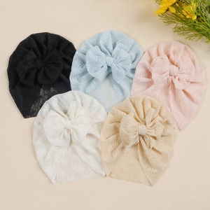 Baby Girl Lace Turban Hat With Large Bow Soft Floral Texture Newborn Infant Beanie Cap Stretch Photography Headwrap Accessory
