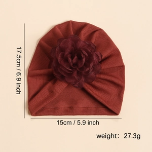 Bonnet turban bébé uni avec fleur en tulle 3D en tissu tricoté rouge foncé élégant