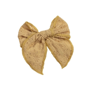 Barrette noeud jaune moutarde avec broderie florale et bordure en dentelle
