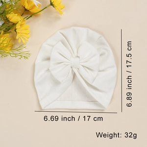 White baby turban hat with bow knot featuring stretch knit fabric and 17cm width dimensions