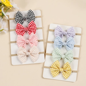 Baby Girls Gingham Bow Headband Elastic Nylon Hair Band Scalloped Edge Checkered Bow Hair Clip Infant Hair Accessories