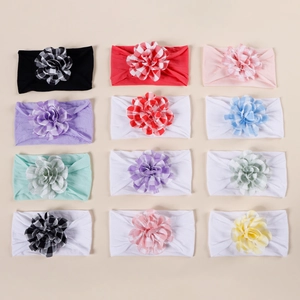 Detailed set of 12 multi-color elastic baby headbands with checkered flower petals décor