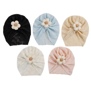 5-pack baby girl turban hats with lace leaf texture and 3D floral accent in soft colors