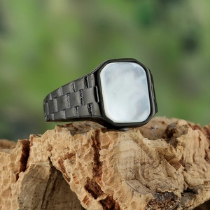 Men's black stainless steel ring with rectangular white shell inlay and geometric texture